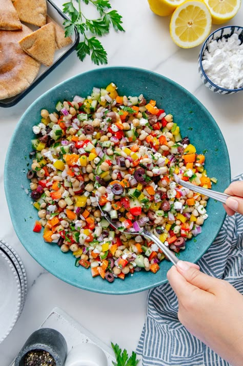 Mediterranean Dense Bean Salad, Dense Bean Salad Recipes, Dense Bean Salad, Vegan Feta Cheese, Dry Chickpeas, Bean Salad Recipes, Healthy Lunch Meal Prep, Dairy Free Cheese, Homemade Salad Dressing