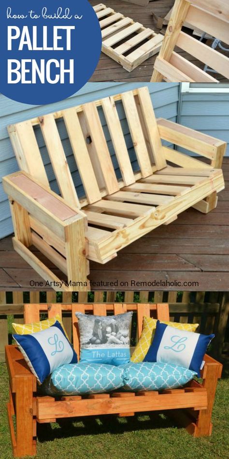 How to Build a Pallet Bench -- and it's easier than you think! Build one this weekend with the full tutorial from One Artsy Mama on Remodelaholic.com Table Palette, Wooden Pallet Crafts, Pallet Building, Pallet Bench, Wooden Pallet Furniture, Pallet Designs, Pallet Decor, Wooden Pallet Projects, Pallet Outdoor