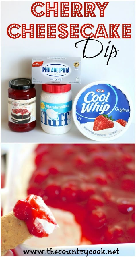 Cherry Cheesecake Dip from www.thecounrtycook.net - must make for the super bowl or for dessert anytime And it's no bake - yum! Cherry Cheesecake Dip, Cheesecake Dip Recipe, No Bake Cherry Cheesecake, Cheesecake Dip, Sweet Dips, Country Cook, The Country Cook, Cherry Cheesecake, Dessert Dips