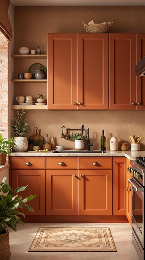 Kitchen Cabinet Color Ideas Terracotta Accent Wall Kitchen, Rust Orange Kitchen Cabinets, Kitchen Design Painted Cabinets, Cinnamon Kitchen Cabinets, Terracotta Colored Kitchen, Earthy Kitchen Cabinets, Copper Kitchen Cabinets, Old Kitchen Cabinets Painted, Rust Cabinets