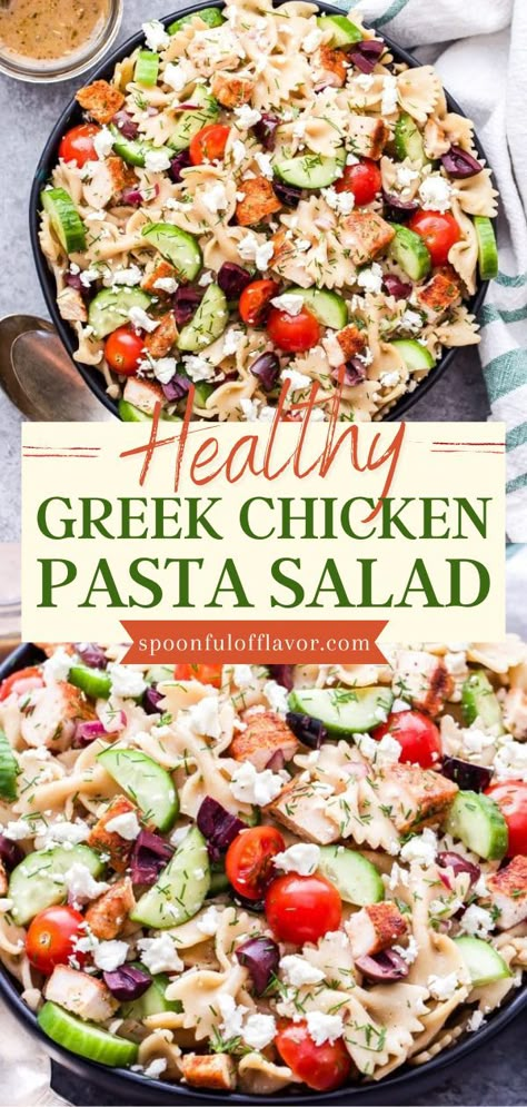 Greek Chicken Pasta Salad, healthy salad recipes, Spring salads Pasta Salad With Chicken Healthy, Pasta Salad With Lettuce And Chicken, Pasta Salad Recipes With Rotisserie Chicken, Pasta Salad Entree, Healthy Greek Pasta Salad Recipes, Chicken Greek Pasta Salad, Cold Chicken Pasta Salad Healthy, Hearty Greek Salad, Teriyaki Chicken Pasta Salad