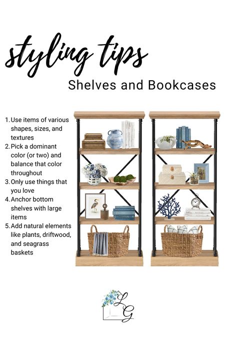 Bookshelf Styling Living Room Modern, Bookshelf Styling With Family Pictures, Five Shelf Bookcase Decor, Tall Bookcase Decor, Style A Shelf Display, Knick Knack Display Ideas Living Rooms, Bookcase Styling With Books Living Room, Styling A Ladder Shelf, Double Bookshelf Styling