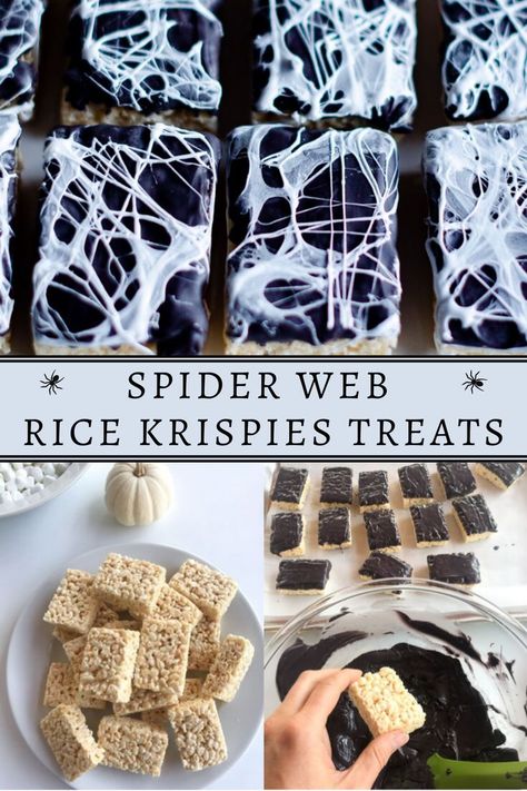 Krispie Treats Halloween, Hollow Web Party Ideas, Halloween Rice Krispie Treats Ideas Spider Web, Spider Web Rice Crispy Treats, Creepy Rice Krispie Treats, Spider Halloween Party, Shareable Halloween Treats, Chocolate Dipped Rice Krispie Treats Halloween, Spiderweb Rice Krispie Treats