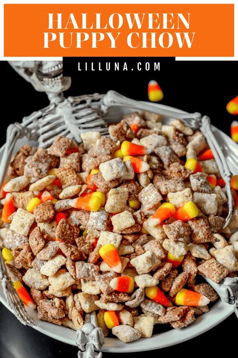 Yummy black and white Halloween Puppy Chow is chocolatey and crunchy with pops of peanut butter & chewy candy corn that everyone will love!! #halloweenpuppychow #puppychow #puppychowrecipe #halloweentreats #candycorn Halloween Puppy Chow, Puppy Chow Mix, Fun Halloween Snacks, Chocolate Chex, Halloween Puppy, Halloween Snacks For Kids, Black And White Halloween, Puppy Chow Recipes, Halloween Treats For Kids