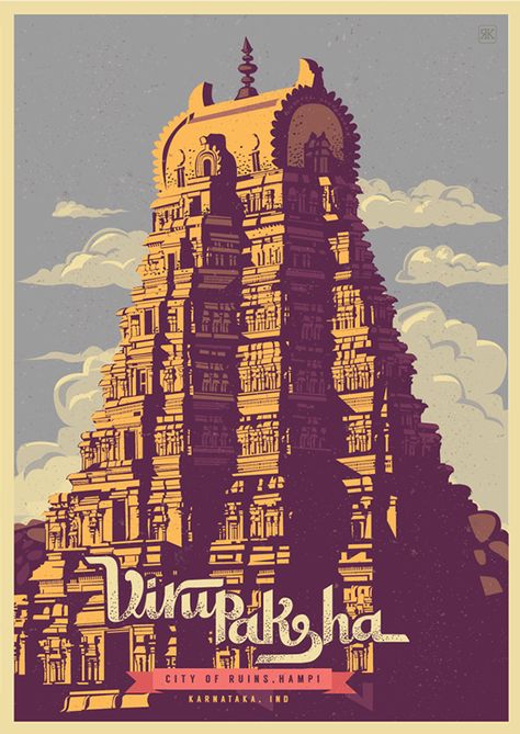 Discover India Series - Hampi on Behance Temple Poster, Temple Drawing, India Poster, Indian Illustration, Temple Architecture, Temple Art, Travel Postcard, Amazing Artwork, City Illustration