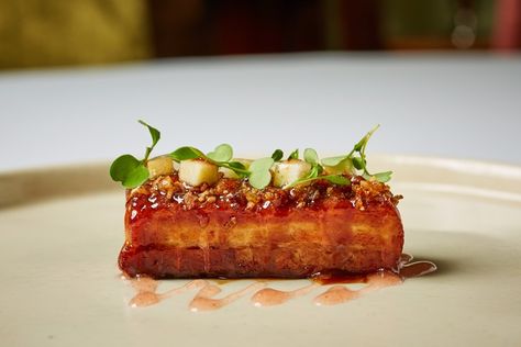 Pork Belly with Sichuan Crab Apple Ketchup Recipe - Great British Chefs Pork Belly Recipes Fine Dining, Pork Fine Dining Plating, Pork Belly Starter, Meat Starters Fine Dining, Pork Belly Fine Dining, Sous Vide Pork Belly, Apple Ketchup Recipe, Meat Starters, Best Pork Belly Recipe