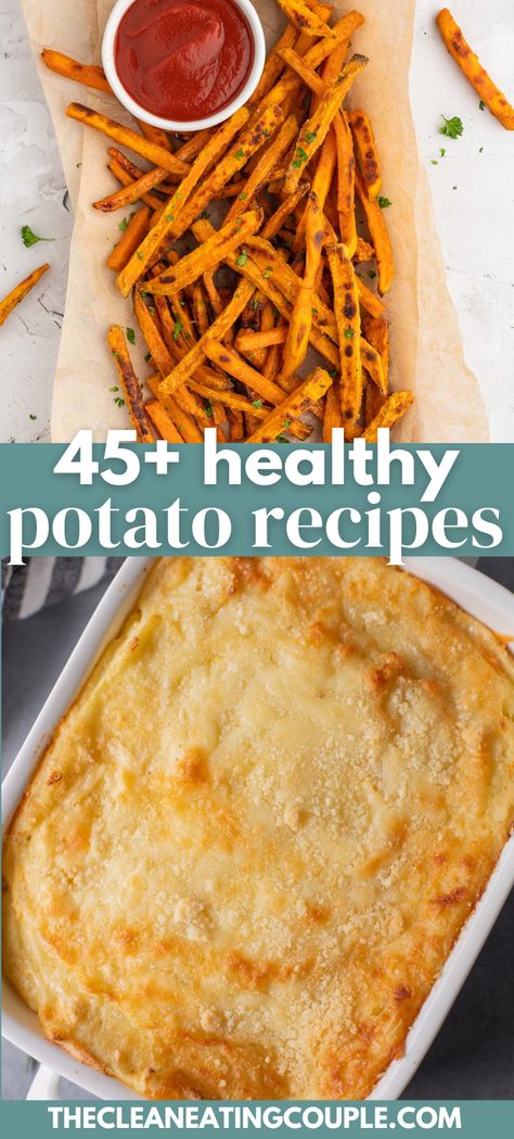 45+ Easy Healthy Potato Recipes! From breakfast to side dishes, dinner + more - there are healthy potato recipe ideas for everything! Low Carb Potatoes Recipes, Healthy Dinner Recipes Potatoes, Low Cal Potato Recipes, Easy Recipes With Potatoes, Baked Potato Fries, Potato Dishes Easy, Potato Recipe Ideas, Potatoes For Dinner, Clean Eating Side Dishes