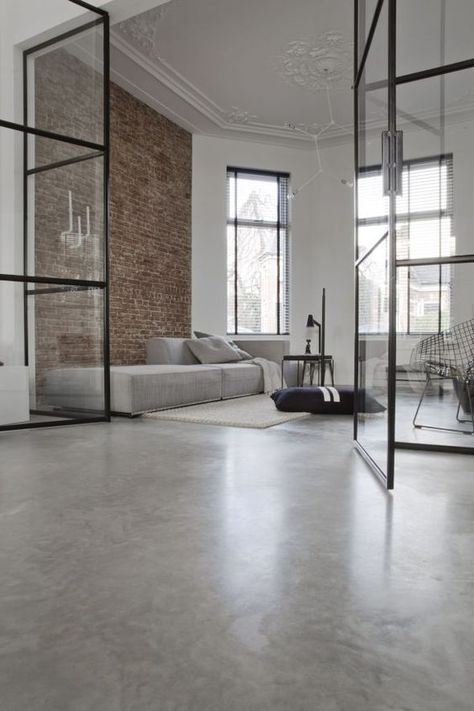 concrete flooring- light polish Loft Concrete Floor, Indoor Concrete Floor Ideas Basement, Concrete Houses Interior, Concrete Floor Design, Beton Floor, Concrete Floors Living Room, Concrete Floors In House, Loft Flooring, Loft Designs