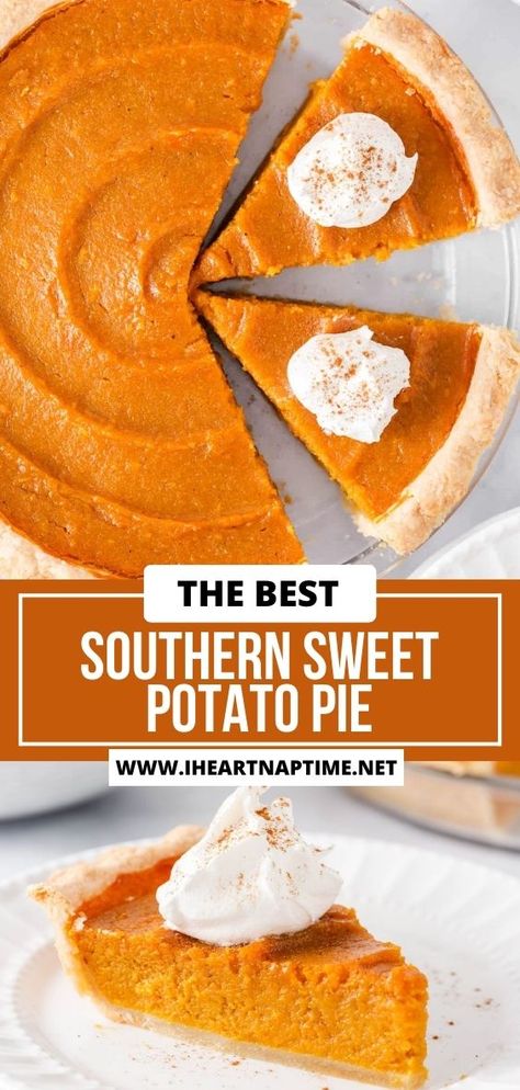 This Southern sweet potato pie is a classic soul food dessert made with a warm spiced sweet potato filling layered into a flaky crust. It’s perfect for fall and Thanksgiving! Sweet Potato Pie With Heavy Cream, Sweet Potato Pie Filling Recipes, Sweet Potato Pie Recipes Soul Food, Sweet Potato Recipes Pie, Soul Food Sweet Potato Pie, Red Velvet Sweet Potato Pie, Baked Sweet Potato Fillings, Best Sweet Potato Pie Recipe, Old Fashioned Sweet Potato Pie