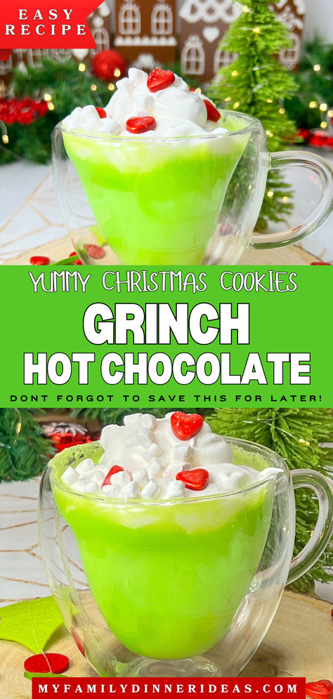 Grinch hot chocolate Crockpot Grinch Hot Chocolate, The Grinch Drink Recipe, Grinch Hot Chocolate Slow Cooker, Kids Grinch Drink, Grinch Night Food Ideas, Grinch Coffee Bar, Grinch Hot Chocolate Bar, Grinch Menu Ideas, Grinch Foods