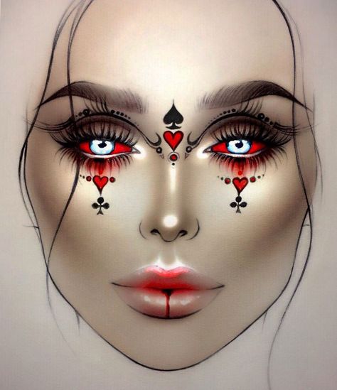 Maquillage Halloween Simple, Queen Of Hearts Makeup, Halloween Makeup Clown, Holloween Makeup, Makeup Charts, Face Charts, Cute Halloween Makeup, Makeup Drawing, Makeup Face Charts