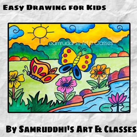 Butterfly Garden Drawing, Garden Drawing For Kids, Garden Drawing Simple, Nature Drawing For Kids, Kids Canvas Painting, Child Painting, Drawing Classes, Easy Art For Kids, Basic Painting