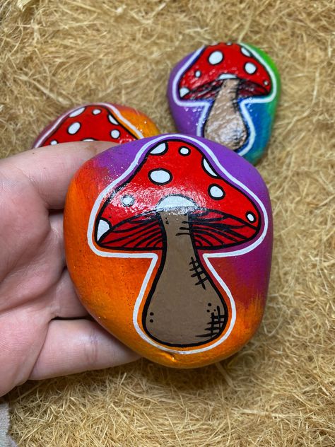 ✨Mushroom Affirmation Stones✨ 3 x 7-10cm mushroom stones with painted affirmations on the back.  Painted with premium acrylic paint and sprayed with non yellowing gloss varnish.  Free 🇦🇺 Shipping and $9.95 to the US. Thank you for supporting my small Australian business ️ Rock Painting Mushrooms, Mushroom Rock Painting Ideas, Mushroom Painted Rocks, Things To Paint On Rocks, Affirmation Stones, Halloween Painted Rocks, Mushroom Stone, Painted Mushrooms, Painted Rock Art