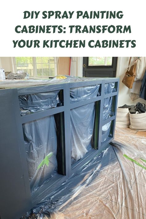 DIY spray painting cabinets in progress, transforming kitchen cabinets with a navy blue color. Tips For Spraying Cabinets, How To Spray Kitchen Cabinets, Kitchen Spray Paint Cabinets, Paint Sprayer For Cabinets, How To Spray Paint Kitchen Cabinets, Spray Painted Kitchen Cabinets, Spray Painting Cabinets, Best Paint Sprayer For Cabinets, Kitchen Cabinets Makeover Paint