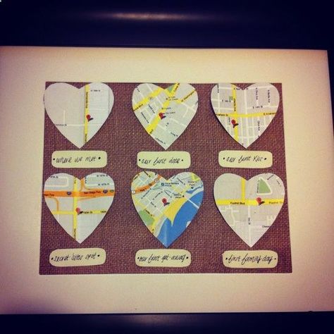 cute idea for a gift for the hubby...can use whatever important memories/places you want (where we met, first date, first kiss, first trip together, where we got married, first home). Good Presents For Boyfriends, Bf Gifts, Presents For Boyfriend, My Funny Valentine, First Kiss, First Date, Valentin Nap, San Valentino, Boyfriend Gifts