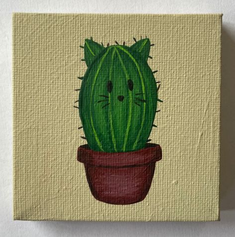 "3\"x3\" Hand Painted Cat Cactus Canvas Painting This small cat  painting is the perfect addition to your decor.  Hand painted on a 3\"x3\" canvas with acrylic paint, each painting is one of a kind.  A great gift for a friend or family member or perfect just for you!" Mini Plant Painting, Easy Small Canvas Art, Small Painting Ideas Mini Canvas Easy, Cactus Canvas Painting, Easy Cat Painting, Plant Canvas Painting, Cat Cactus, Fun Chalk Art, Canvas With Acrylic Paint