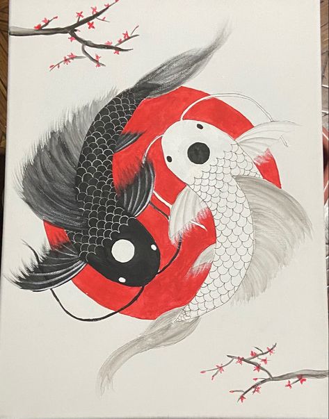 Japanese art Ying Yang Koi Fish Painting, Koi Fish With Cherry Blossom, Koi Fish Painting Yin Yang, Ying Yang Fish Drawing, Koi Fish Drawing Yin Yang, Koi Fish Circle, Fish Ying Yang, Paintings For Competition, Ying Yang Koi Fish