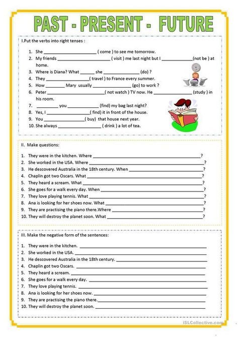 Here's a useful worksheet with exercises to practice the present, past and future tenses. Present Perfect Simple, Past Tense Worksheet, Tenses Exercises, Present Perfect Continuous, All Tenses, Past Continuous, English Grammar Exercises, Present Continuous, English Teaching Materials