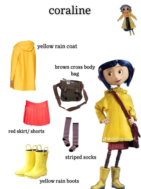 Coraline Cosplay, Coraline Halloween Costume, Coraline Halloween, Coraline Costume, Yellow Rain Boots, Character Halloween Costumes, Halloween Duos, Coraline Movie, Halloween Costumes Ideas