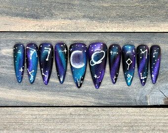 DawnWitchDesigns - Etsy Canada Constellation Nail Art, Nails Galaxy, Witch Nails, Nails Luxury, Witchy Nails, Luxury Press On Nails, Long Stiletto, Magic Nails, Witch Design