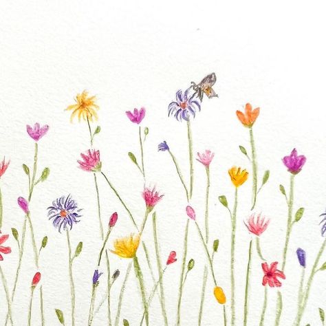 ArtbyGanga - Painting ,Drawing, surface pattern design on Instagram: "Wildflowers in colored pencil #artbyganga #sketchbook @strathmoreart #colorpencil @fabercastellglobal It was much fun to draw this imaginary wildflower field 😊 #art #wildflowers #purple #pink #yellow #red #orange #colorful #beautiful #wildflowergarden #butterfly #artistsoninstagram #artist #instaart #coloredpencil #coloredpencilart #coloredpencilmagazine #flowers #bloom #blossom #flowerstagram #flowerlovers #artlovers #instagram #instagood #instalove" Wildflower Painting Simple, Wildflower Field Drawing, Dainty Painted Flowers, Hand Painted Wild Flowers, Purple Wildflowers Aesthetic, Wildflowers Painting Acrylic, Diy Wildflower Painting, Easy Wildflower Drawing, Easy Wild Flower Painting