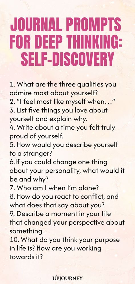 Discover new insights about yourself with these thought-provoking journal prompts designed to spark deep thinking and self-discovery. Whether you're looking for clarity or wanting to explore your inner thoughts, these prompts will guide you on a journey of self-reflection and personal growth. Let your journal be a safe space for exploration and uncovering the layers within you. Take some time each day for introspection with these powerful prompts that delve into the depths of your mind and emoti Journaling For Positive Mindset, Journaling Ideas Self Growth, Journal Prompts Self Care, Positive Mindset Journal Prompts, Journal Prompts For Creativity, Journal About Yourself, Interesting Journal Prompts, Daily Journal Prompts For Teens, Deep Journal Entries