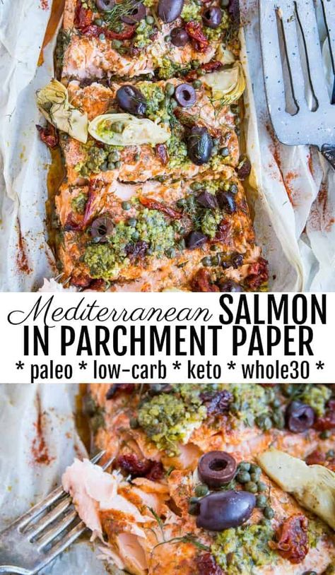 Salmon In Parchment Paper, Salmon In Parchment, Mediterranean Salmon, Paleo Fish, Mediterranean Diet Recipes Dinners, Keto Healthy, Easy Mediterranean Diet Recipes, Easy Dinner Recipe, Paleo Dinner