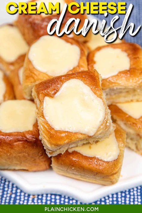 Easy Cream Cheese Danish Recipe - skip the bakery and whip up these easy cheese danishes. They are effortless to make and taste great! Hawaiian rolls brushed with melted butter, brown sugar, and cinnamon and filled with cream cheese, sugar, and vanilla. These delectable pastries are a delightful addition to breakfast, brunch, or as a snack any time of day. Easy Cream Cheese Danish Recipe, Easy Cream Cheese Danish, Breakfast Cheese Danish, Holiday Tattoo, Cheese Danishes, Cream Cheese Danish Recipe, Danish Recipes, Cheese Danish Recipe, Danish Recipe