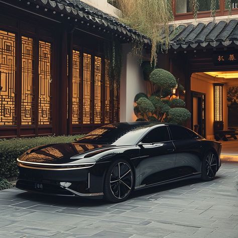 a black modern concept car parked next to a building, in the style of light beige and light azure, layered gestures, high horizon lines, 500–1000 ce, electric, clear edge definition, traditional chinese --v 6  --stylize 250 --style raw Chinese Electric Cars, Chinese Car, Auto Design, Cool Car Pictures, Concept Ships, 2025 Vision, Bad Things Lyrics, Fancy Cars, Bad Things