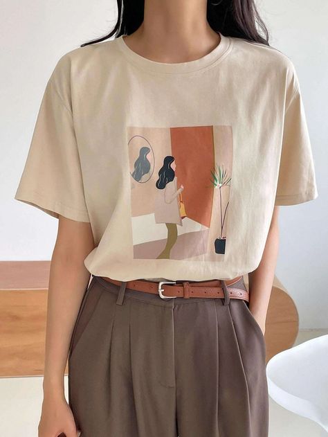 Beige Top Outfit, Comfy Trendy Outfits, Beige T Shirts, Beige Shirt, Drop Shoulder Tee, Everyday Fashion Outfits, Shirts Women Fashion, Casual Day Outfits, Aesthetic Shirts