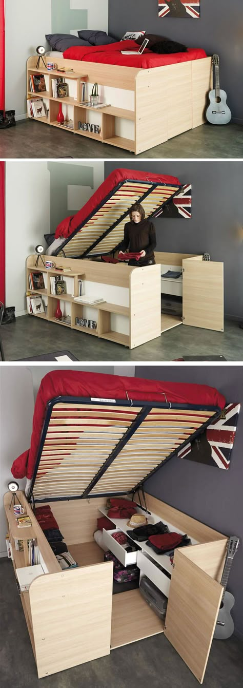 Small Space Storage Solution - This Bed Has Plenty Of Storage Space Built Into The Design Reka Bentuk Bilik Tidur, Small Space Storage Solutions, Smart Bedroom, Design Ložnic, Closet Aesthetic, Tiny Bedrooms, Closet Room, Small Space Storage, Aesthetic Tiktok