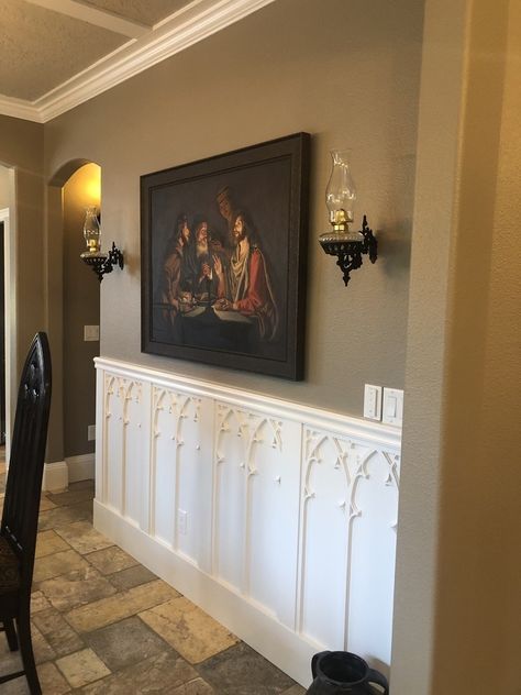 Dark Academia Wainscoting, Arched Wainscoting, Arch Wainscoting, Victorian Wainscoting, Arch Wainscoting Wall, Gothic Moulding, Ornate Wainscoting, Tudor Wood Paneling, Decorative Wall Molding