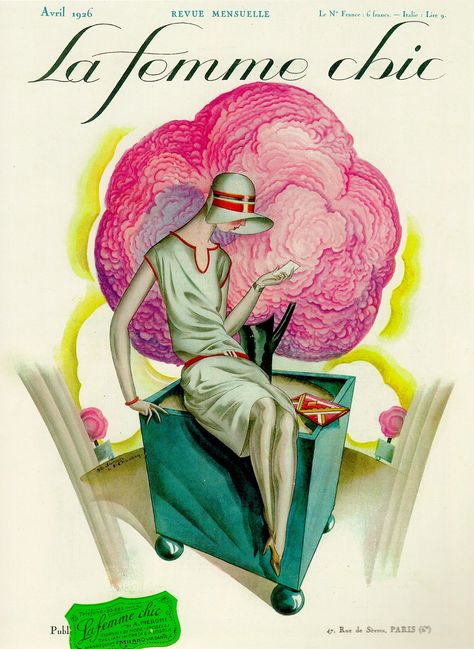 LA FEMME CHIC APRIL 1926 cover, Working-girl flapper on her lunch break in the park reading a business card (not a phone) ( from 1920's Fashion : The Definitive Sourcebook by Charlotte Fiell. 2011) (please follow minkshmink on pinterest) #flappers #twenties #roaringtwenties #jazzage #workinggirl 20s Fashion Magazine, 1920s Flapper Illustration, 1920s Magazine Covers, 1920s Life Magazine, 1920s Magazine Illustrations, Art Deco 1920s, Magazine Cover Design, Art Deco Illustration, Japanese Artwork