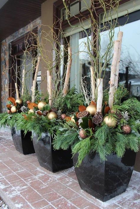 Modern Winter Planters Outdoor, Evergreen In Pots Front Porches, Outdoor Holiday Planters, Exterior Christmas Decorations, Porch Decoration Ideas, Winter Porch Decorations, Porch Pots, Christmas Urns, Outdoor Christmas Planters