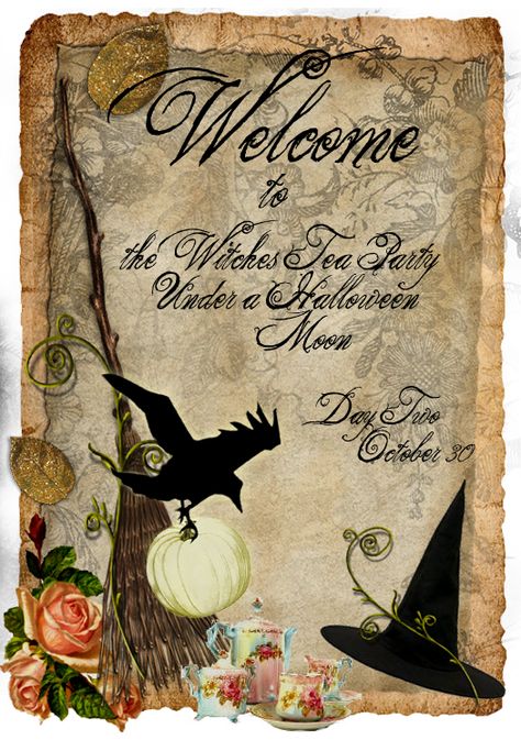 Witches Tea Party Under A Halloween Moon Witches Dinner, Witches Tea Party, Halloween Invites, Witches Ball, Halloween Tea Party, Witches Tea, Chirstmas Decor, Witch Party, Halloween Party Dinner