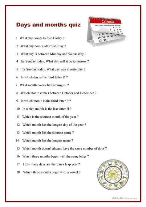 Days and months quiz - English ESL Worksheets for distance learning and physical classrooms Days Of The Month, General Knowledge Quiz Questions, Marketing Calendar Template, English Quiz, Learn Spanish Online, Gk Questions And Answers, Knowledge Quiz, Printable Ideas, Days And Months