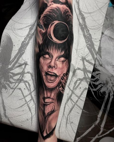 Elvira tattoo  Anrijs Straume on Instagram: “Elvira, Mistress of the Dark 🖤🦇🕷🕸🖤 thankyou Alex ! #silverbackink #blackth1rt3en #elvira #elviramistressofthedark” Elvira Tattoo, Anrijs Straume, Portrait Tattoos, Goth Tattoo, Elvira Mistress Of The Dark, Cool Arm Tattoos, Flash Sheet, Amazing Body, Dark Ink