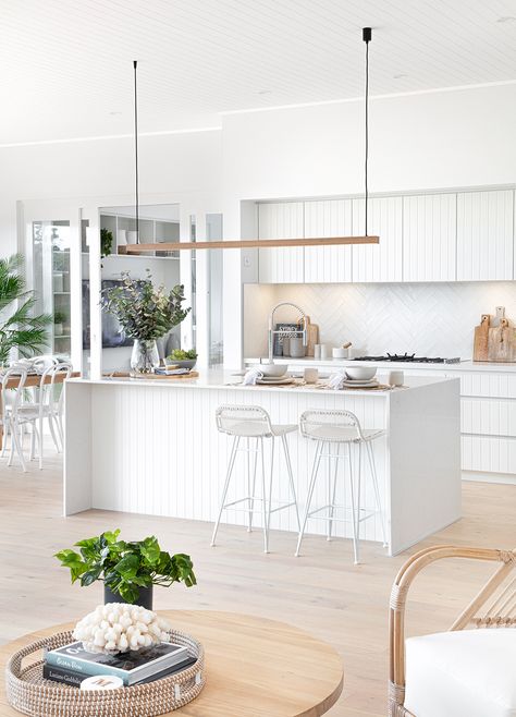 New Hamptons Style Kitchen, Dining Room With Open Kitchen, Coastal Open Floor Plan, White And Light Timber Kitchen, Modern Coastal Cabinets, Kitchen White And Timber, Coastal Hampton Kitchen, White And Timber Interior, White Kitchen Timber Floor