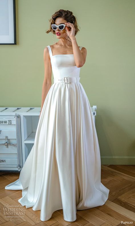 Modern Square Neck Wedding Dress, Aline Wedding Dress 2023, Wedding Dress With Belt Buckle, Square Neck Wedding Dress With Belt, White Square Neck Wedding Dress, Straight Neck Line Wedding Dress, Silk Bride Dress, Square Neckline Dress Pattern, Belted Wedding Dress