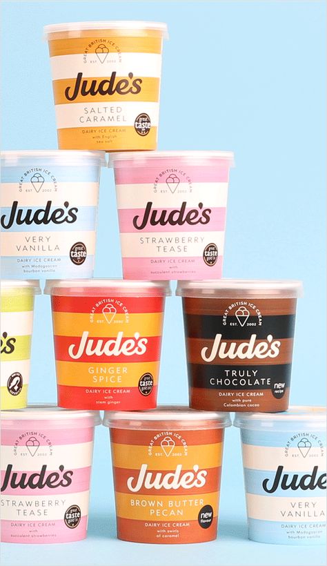 ASHA Rebrands Jude’s Ice Cream - Logo Designer Design Packaging Food, Fini Tubes, Logo Packaging Design, Ice Cream Logo, Ice Cream Packaging, Spiced Chocolate, Packaging Food, Packaging Design Trends, Ice Cream Design