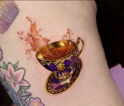 China Tea Cup Tattoo, Alice In Wonderland Tea Cup Tattoo, Yeriel Tattoo, Cup Of Tea Tattoo, Tea Tattoos, Antique Tattoo Ideas, Tea Cup Tattoo, Gold Tattoo Ink, Tattoo Collage