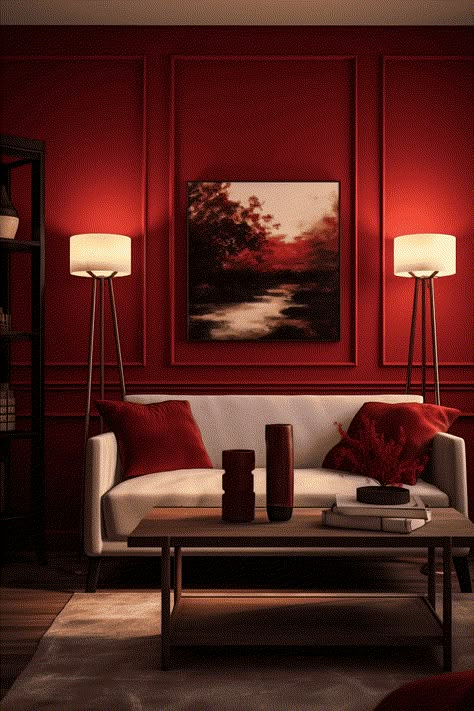 Homey Red Walls: Creating a Cozy Atmosphere with Pine Wood Red Accent Wall Dining Room, Red Living Room Walls Interior Design, Dark Red Accent Wall Living Room, Red Wall Interior Design, Red Wall Dining Room, Living Room Colored Walls, Red Feature Wall Living Room, Red Paint Bedroom, Red Color Interior Design