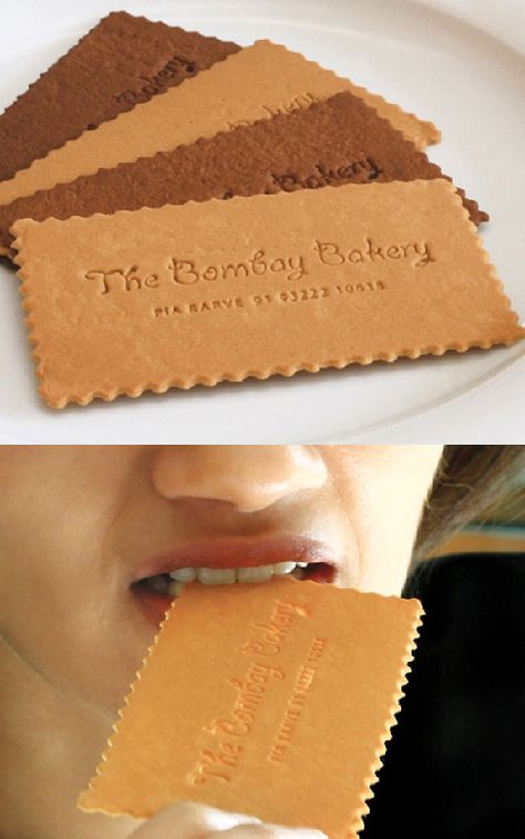 Edible Business Card – Bombay Bakery
Cool concept for an edible card. Made for a bakery located in Mumbai India! Cards are ‘baked fresh’ every 10 day or so and then passed around at local cafes & delis to snack on and promote the bakery. Edible Business, Unusual Business Card, Noma Bar, Clever Business Cards, Bakery Business Cards, Business Card Design Creative, Business Card Inspiration, Bakery Business, Cool Business Cards