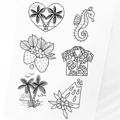 Tropical Flash Tattoo, Hawaii Flash Tattoo, Summer Flash Tattoo, Small Tropical Tattoo, Tropical Tattoo Ideas, Hawaiian Shirt Tattoo, Tropical Tattoos For Women, Simple Tattoo Flash, Vacation Tattoo Ideas