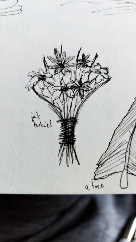 It is a sketch of a bouquet drawn by hand with black ink micron 0.005 on white paper 250g/m2 Meadow flowers collected in a bouquet made in black and white. Remind me of nostalgic summer time :) Sketch Flower Bouquet, Skeleton And Flowers Drawing, Bouquet Sketch Drawings, Pen Drawn Flowers, Bouquet Sketch, Gcse Sketchbook, Bouquet Drawing, Black White Drawing, Biro Drawing