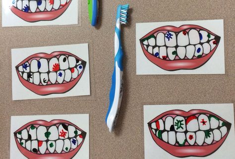 Print out pictures of teeth and have them laminated. Then, use dry erase markers to draw sugar bugs and have the kids use a tooth brush to get them off. This activity was a huge hit with all the kids!! Print Out Pictures, Community Helpers Theme, Dental Health Month, Sikat Gigi, Health Unit, Learning Tips, Health Activities, Out Pictures, Tooth Brush