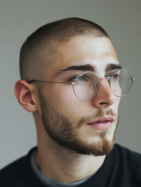 Round Glasses Drawing, Hairstyles For Men With Glasses, Male Portrait Reference, Minimalist Hairstyle, Round Glasses Men, Bald Style, Medium Length Styles, Men With Glasses, Beard And Mustache Styles