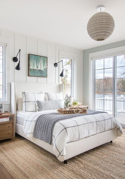 cozy winter master bedroom lake house. White and gray bedding and walls #bedroom #lakehouse #coastaldesign Lakeside Bedroom Ideas, Cozy Lake House Bedroom, Lakehouse Bedroom Master Suite, White And Gray Bedding, Lake House Bedroom Ideas, Lily Pad Cottage, Bedroom Lake House, Lilypad Cottage, Lakehouse Bedroom