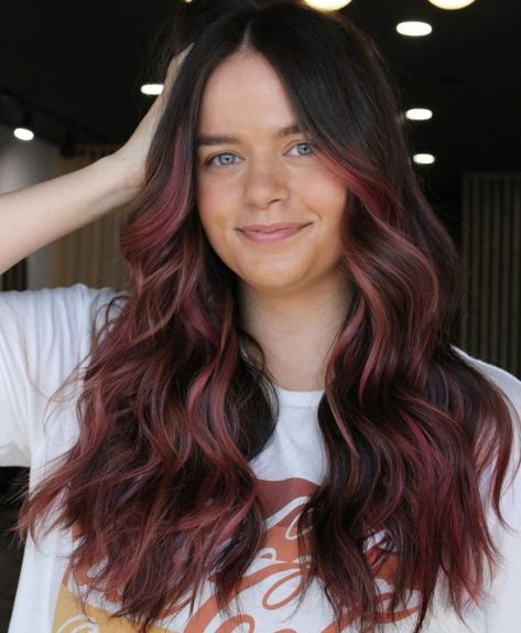 Muted Pink Highlights for Dark Brown Hair Pink Hair On Brown Hair, Pink Highlights On Brown Hair, Dark Hair With Pink Highlights, Brown Hair With Pink Streaks, Hair Pink Streaks, Cool Pink Hair, Pink Highlights In Brown Hair, Brown Hair Underneath, Brown Hair With Pink Highlights