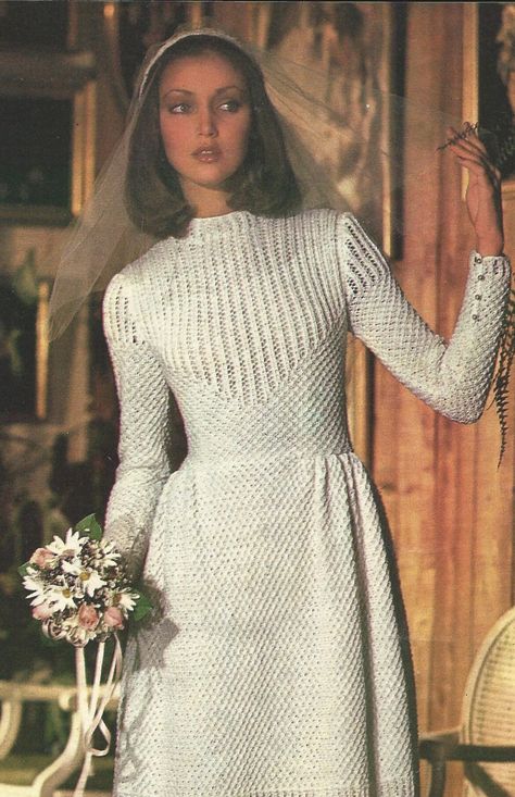 Buy 4 patterns and get 1 FREE! Add all 5 to your cart and enter the coupon code SAVE20 at checkout.   If patterns are on sale, combined discount cannot be applied Gorgeous vintage wedding dress knitting  pattern!  Instructions are for size 8. Changes for size 10, 12, 14 are in parentheses. Blocked bust size 33" (35", 38", 40") Skill Level: Not mentioned. However, this is not a beginner pattern. Intermediate to  Expert crochet experience  See photos for materials list See more women's knitting pa Knitted Wedding Dress, Long Wedding Gown, Wedding Dress Pattern, Vintage Crochet Dresses, Long Gown For Wedding, Crochet Wedding Dresses, Knit Dress Pattern, Womens Knitting Patterns, Vintage Crochet Patterns